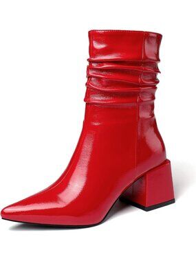 Women's Red Leather Mid Calf Boots Chunky Block Heel Pointed Toe Ankle Boot